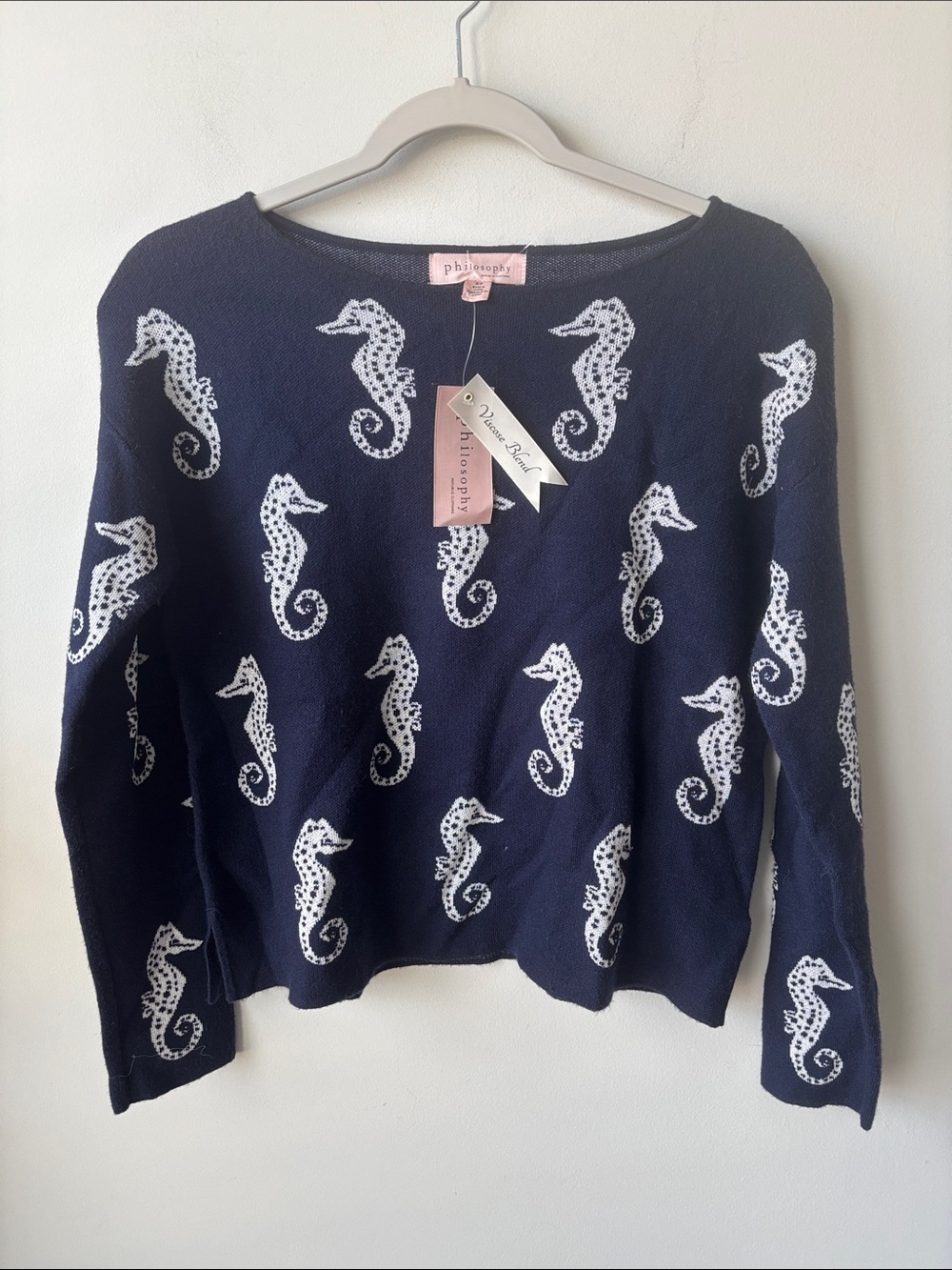 Philosophy Navy Sweater with White Seahorse Motif size small